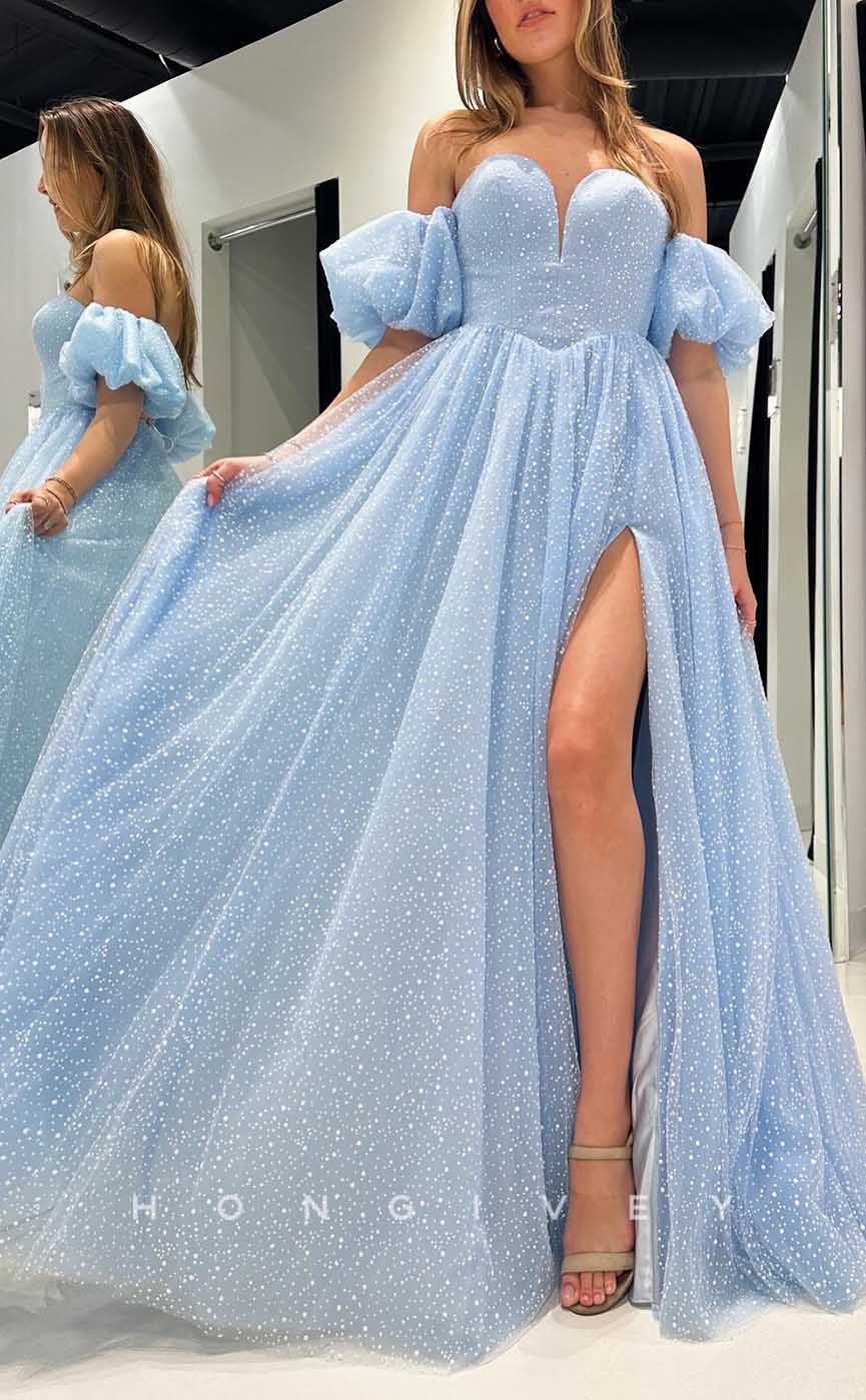 L2878 - A-Line Sweetheart Puff Sleeves With Side Slit Party Prom Evening Dress - Fashionpara