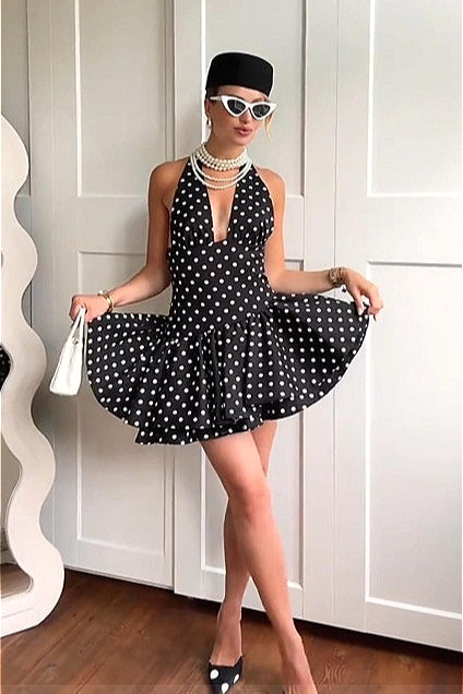 Polka Dot Halter Neck Plunge Tiered Skater Mini Dress