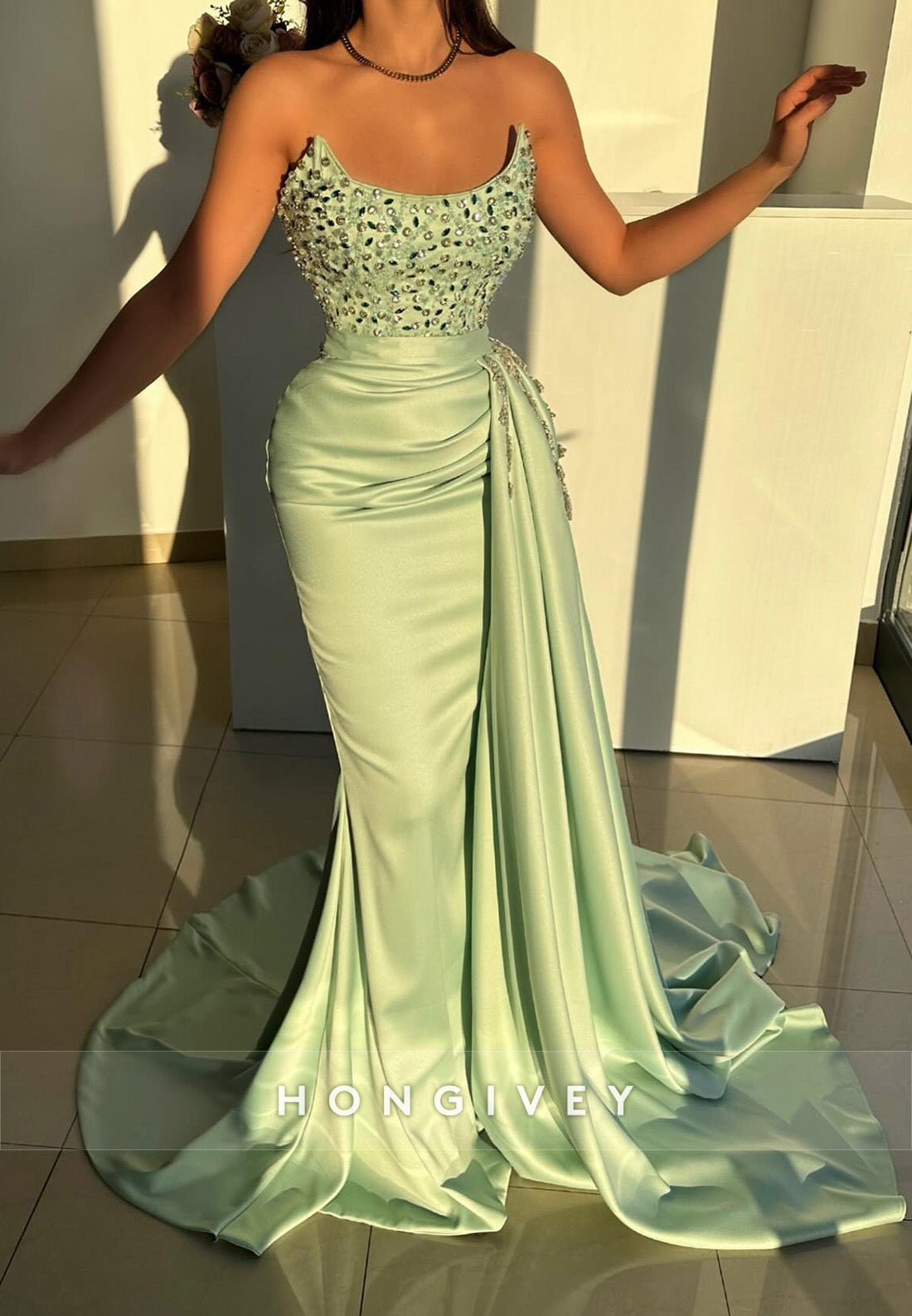L2980 - Trumpet Bateau Strapless Beaded With Train Party Prom Evening Dress - Fashionpara