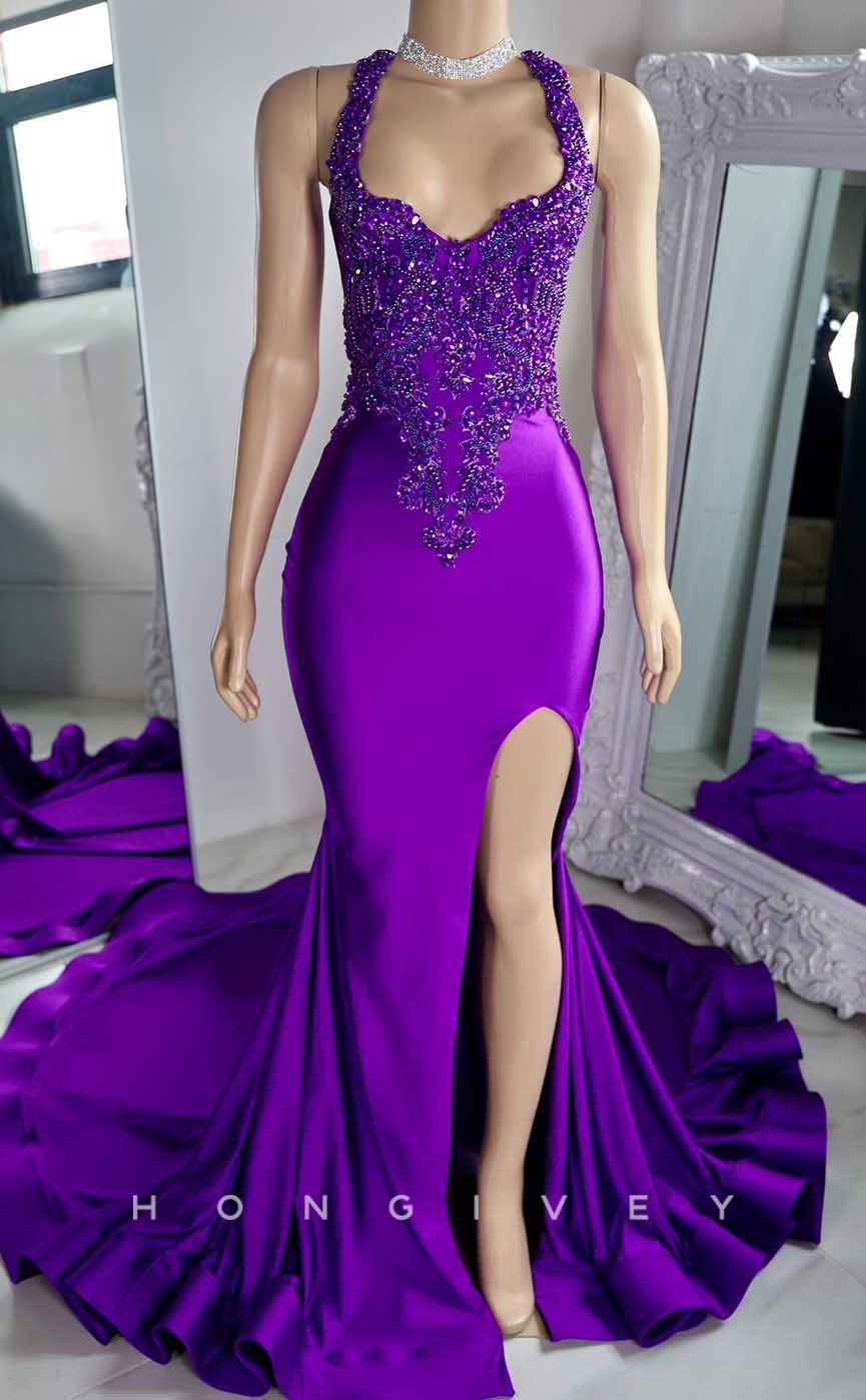 L2874 - Asymmetrical Spaghetti Straps Beaded Appliques With Side Slit Party Prom Evening Dress - Fashionpara