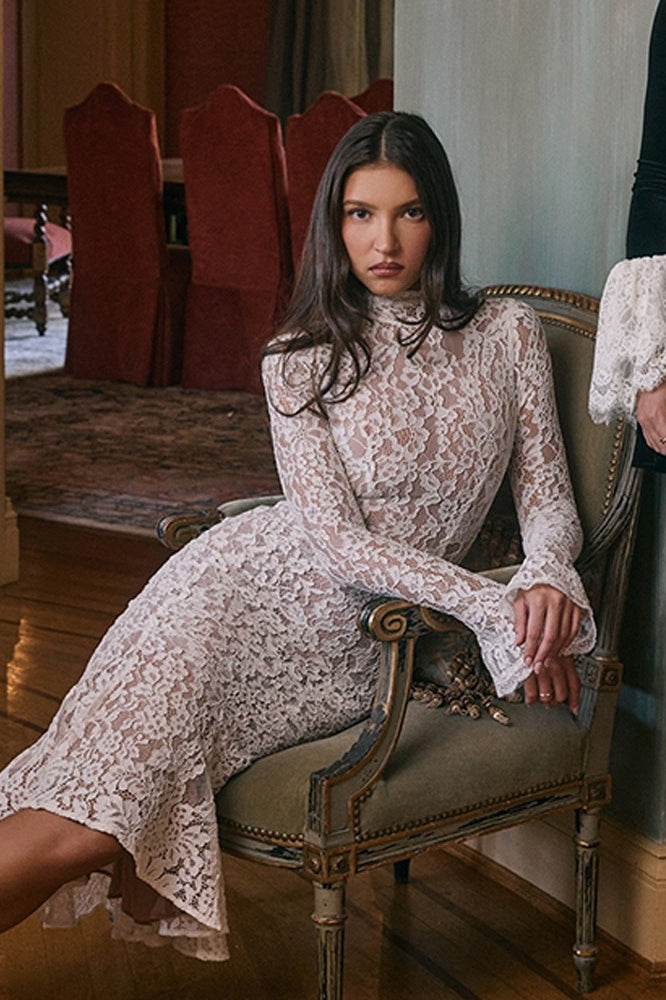 Lace High Neck Long Sleeve Mermaid Midi Dress