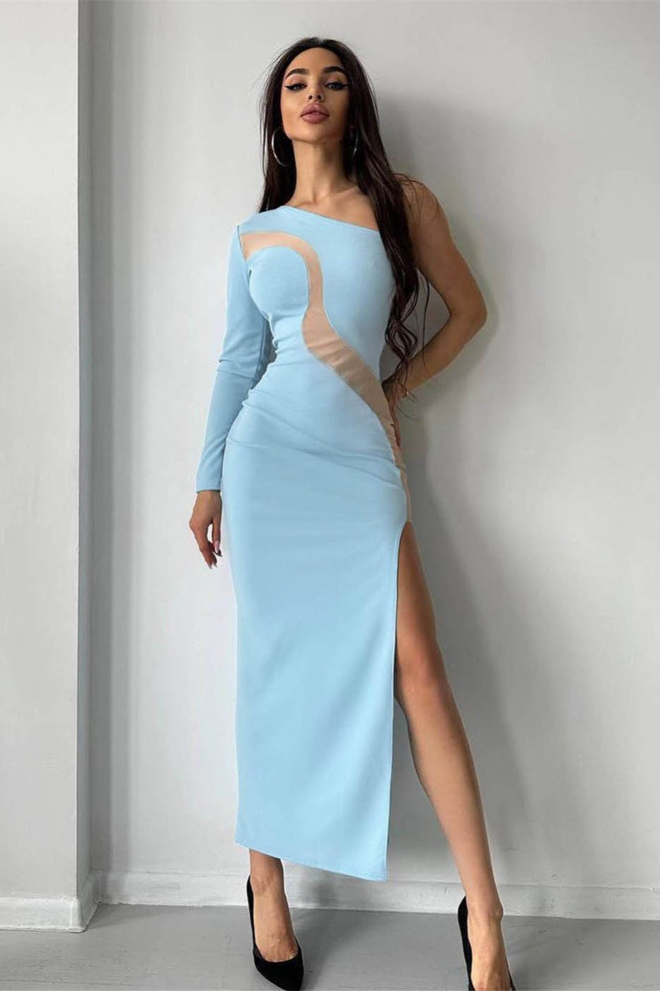 One Shoulder Mesh Panel Bodycon Dress 2