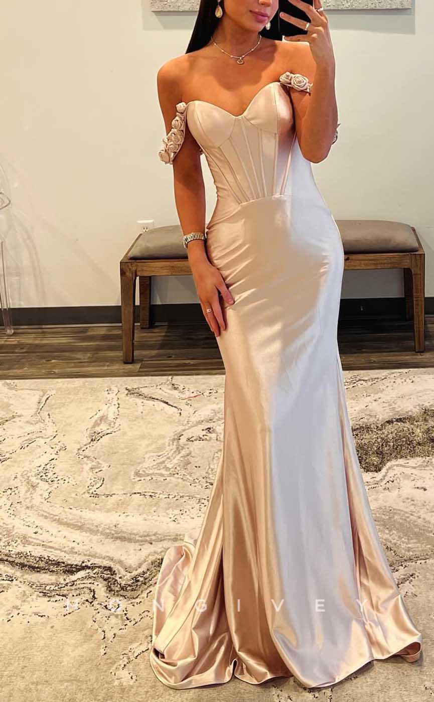 L2891 - Satin Trumpet Sweetheart Off-Shoulder With Train Party Prom Evening Dress - Fashionpara