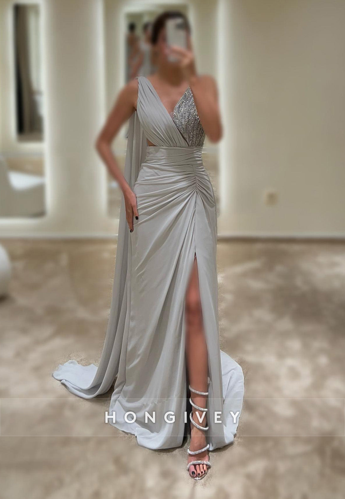 L2962 - V-Neck Spaghetti Straps With Bolero Beaded Party Prom Evening Dress - Fashionpara