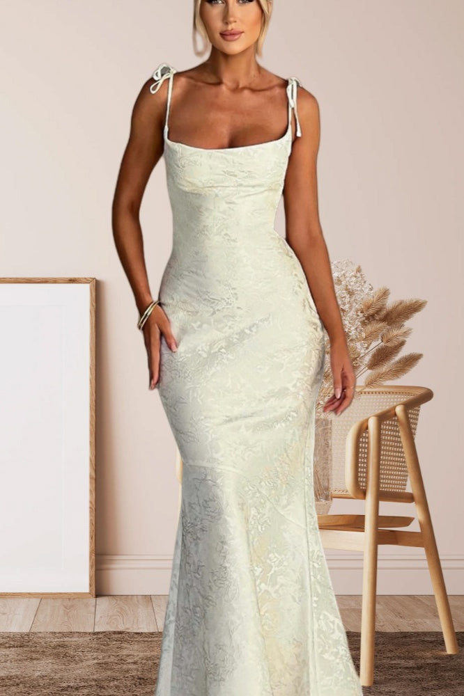 Jacquard Square Neck Tie Strap Mermaid Maxi Dress