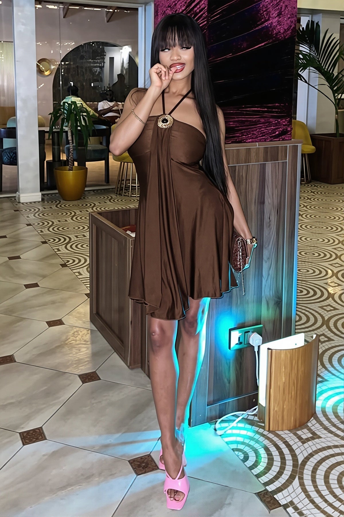 Satin Halter Draped Fit and Flare Mini Dress