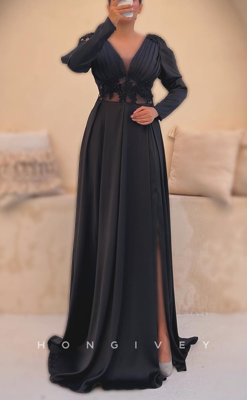 L2944 - Satin A-Line V-Neck Long Sleeve Appliques Party Prom Evening Dress - Fashionpara
