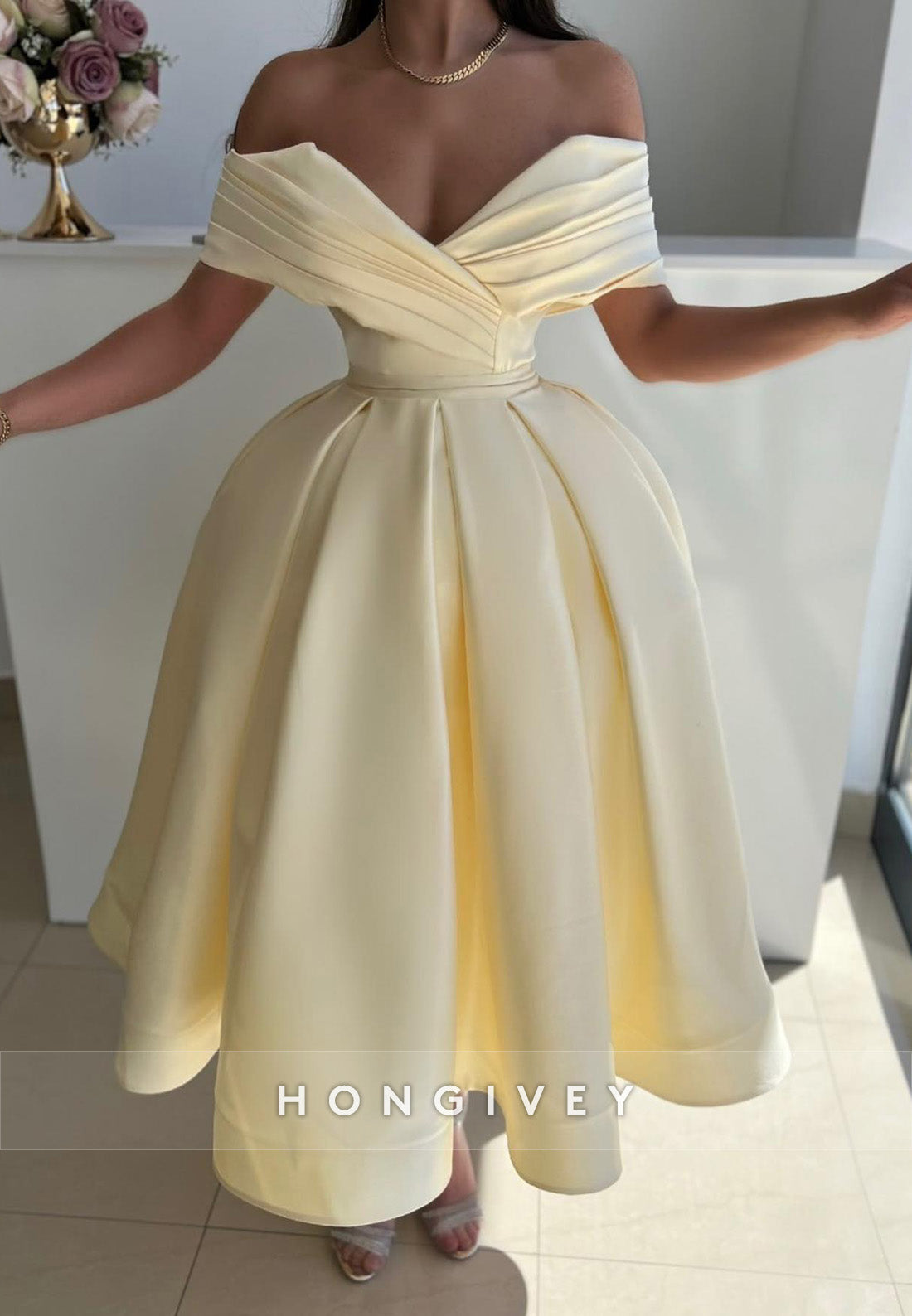 L2975 - Satin A-Line Off-Shoulder Party Prom Evening Dress - Fashionpara