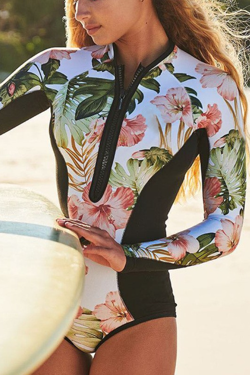 Palm Plant Zipper Front Sleeved Rash Guard One-piece Swimsuit - Fashionpara