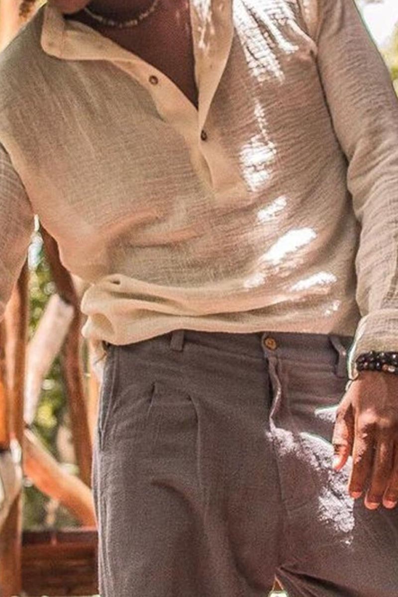 Men's V-neck Cotton And Linen Beach Casual Shirt