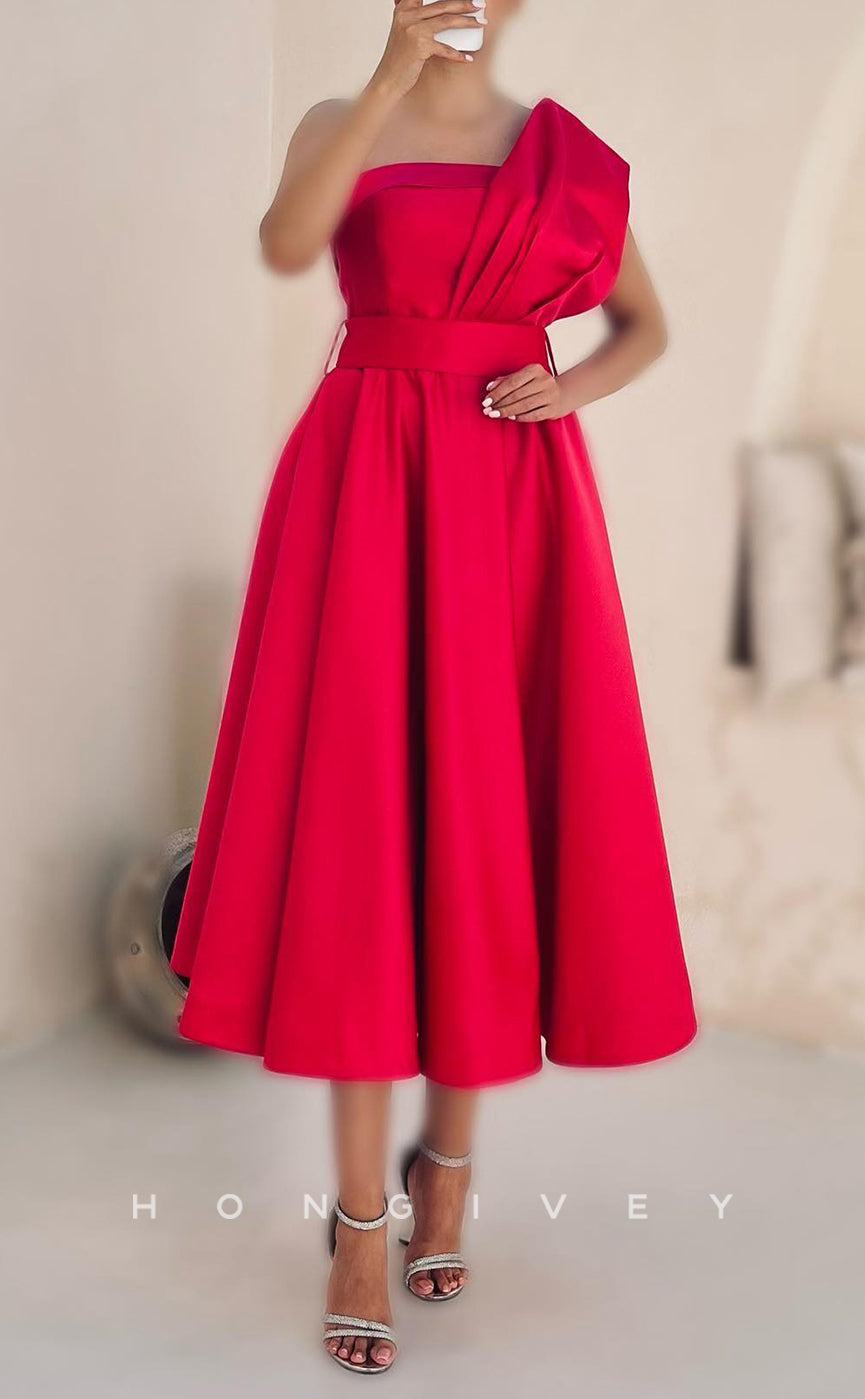 L2947 - A-Line One Shoulder Empire Tea-Length Party Prom Evening Dress - Fashionpara