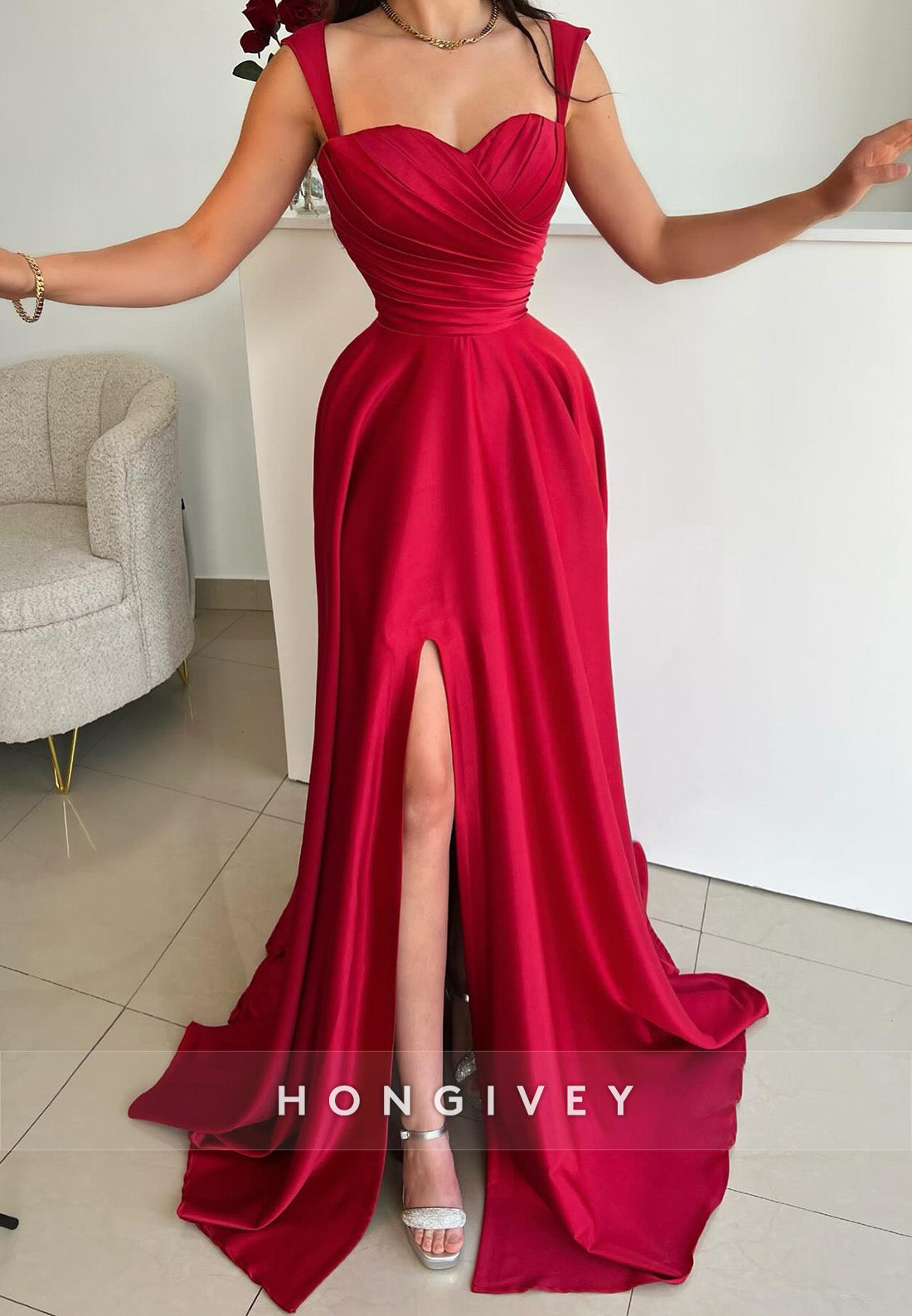 L2971 - Casual A-Line Sweetheart Spaghetti Straps With Side Slit Prom Evening Dress - Fashionpara