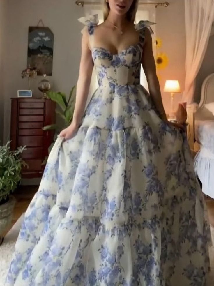 Sexy A line Long Blue Floral Prom Dress Blue and White Party Dresses
