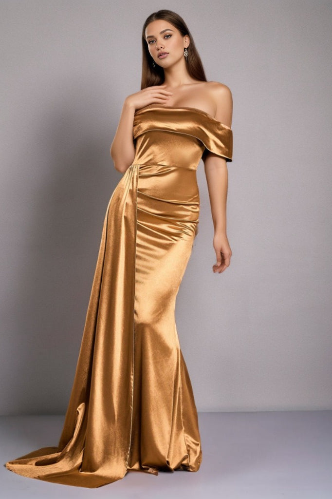 Satin Off Shoulder Ruched High Split Maxi Formal Gown - View 4