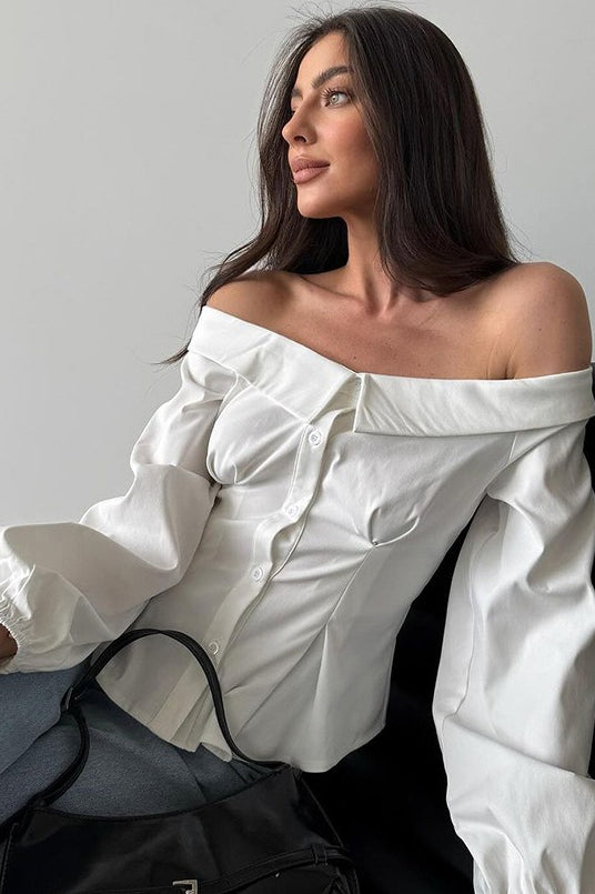 Off Shoulder Ruffled Satin Blouse - Fashionpara