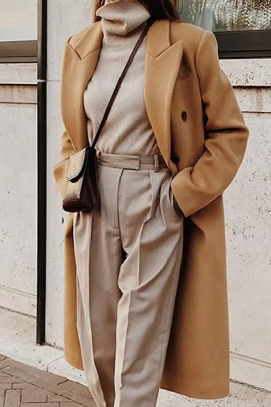 Solid Lapel Double Breasted Slim Overcoat - Fashionpara