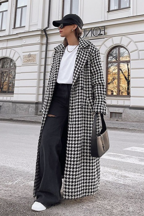 Houndstooth Long Chic Mature Overcoat - Fashionpara