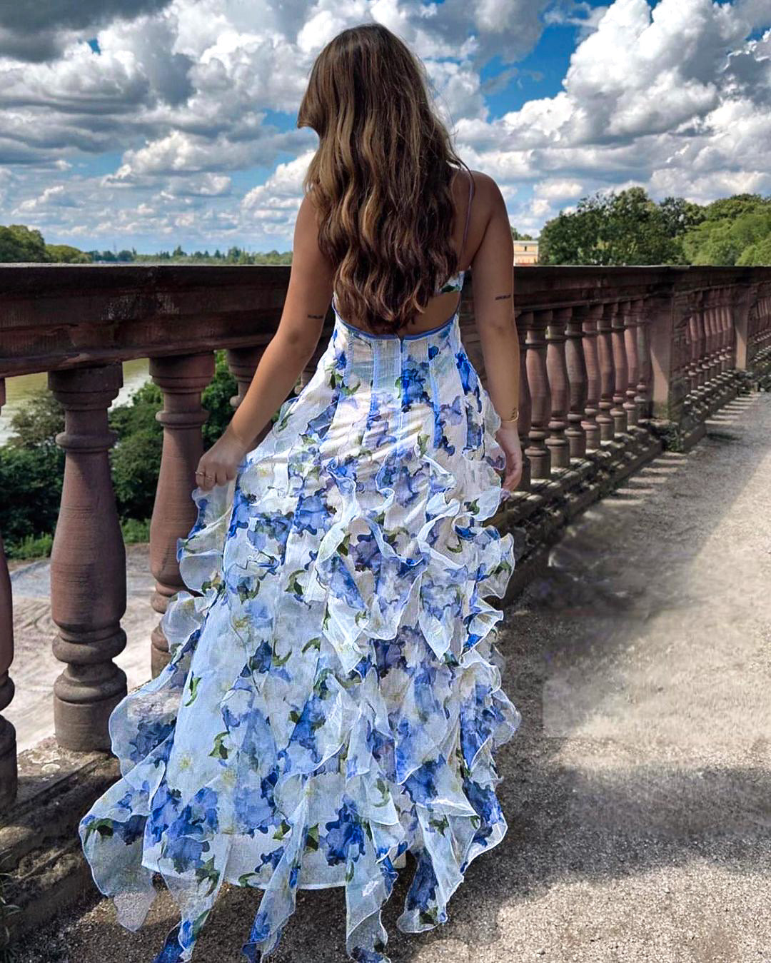 Floral Strappy Deep V-Neck Ruffle Tiered Corset Maxi Dress 4