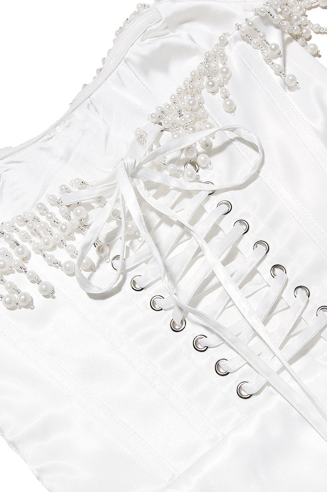 Pearl Beaded Fringe Strapless Corset Bodice Bodycon Midi Dress - View 12
