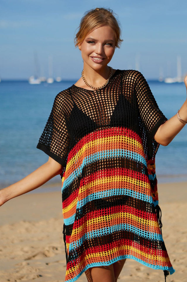 Rainbow Stripe Openwork Slit Cover Up - Fashionpara