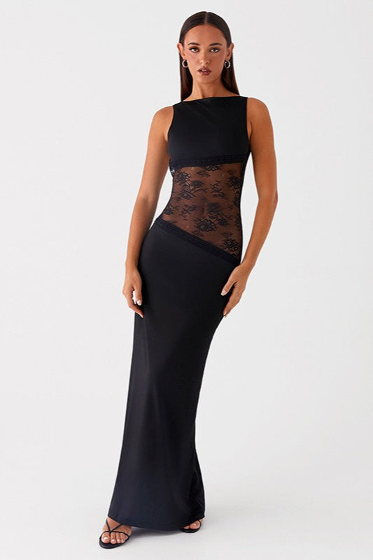 Lace Panel High Neck Backless Mermaid Maxi Dress 3
