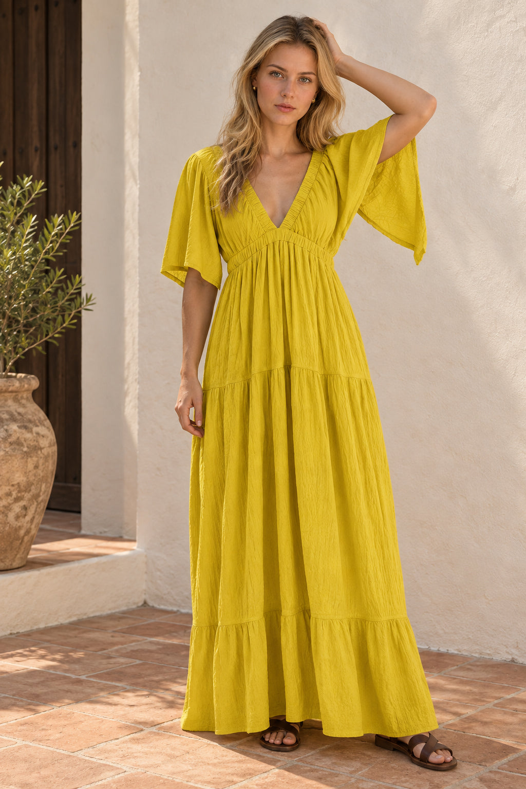 Textured V-Neck Flutter Sleeve Tiered Boho Maxi Dress