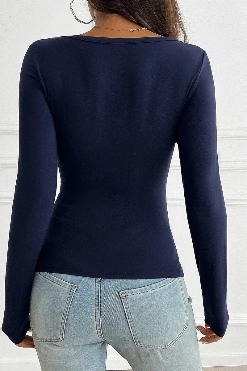 Henley Neck Fitted Long Sleeve Blouse