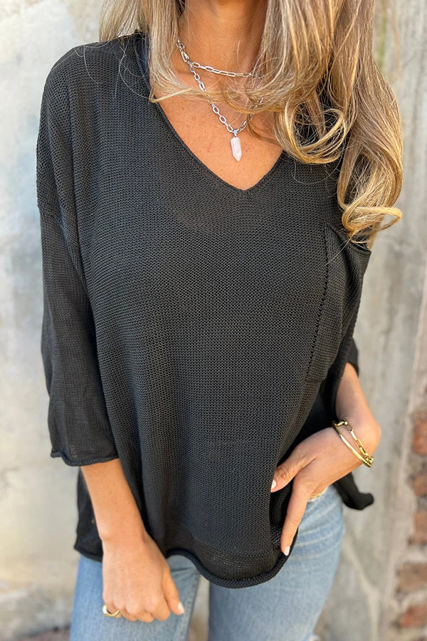 Cozy V-neck Knit Sweater with Pockets for Autumn and Winter