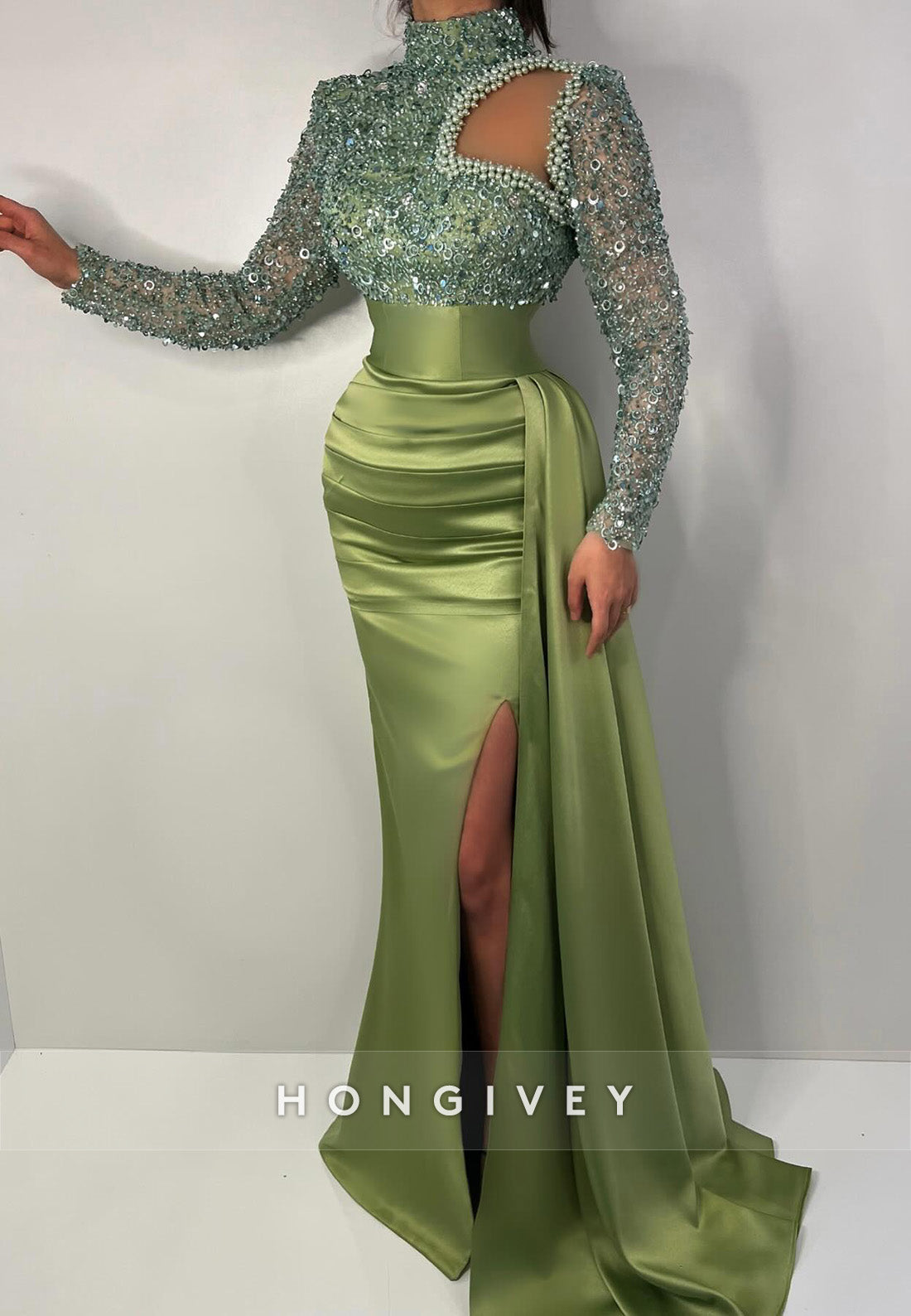L2972 - High Neck Long Sleeve Empire Beaded Prom Evening Dress - Fashionpara