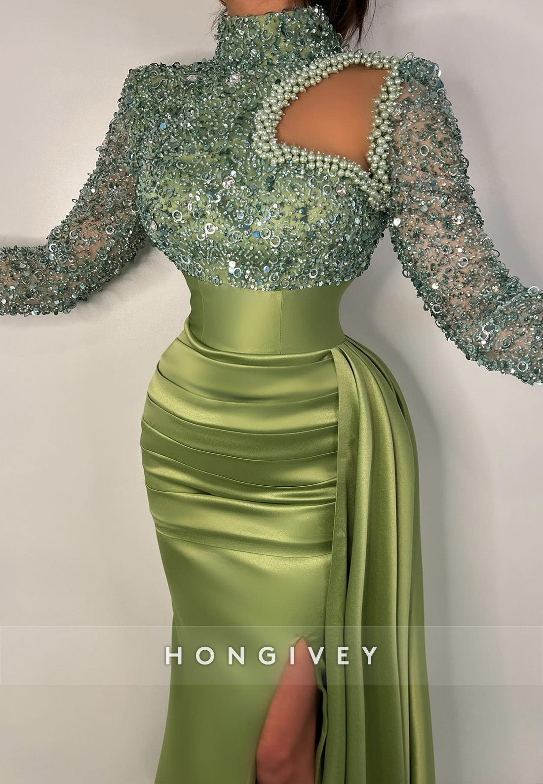 L2972 - High Neck Long Sleeve Empire Beaded Prom Evening Dress - Fashionpara