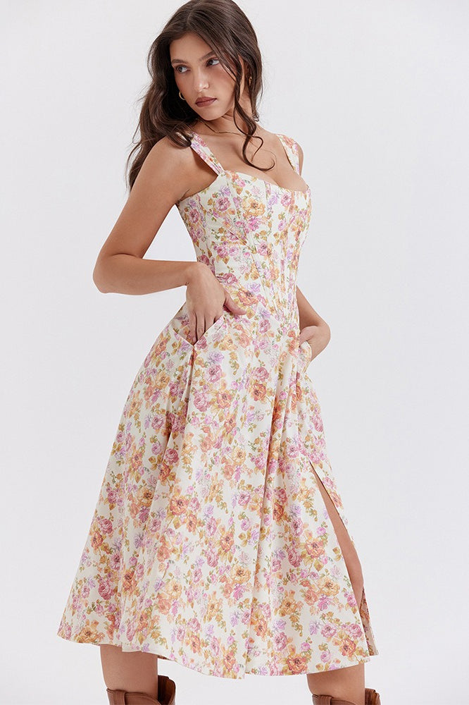 Floral Print Square Neck Corset Midi Dress