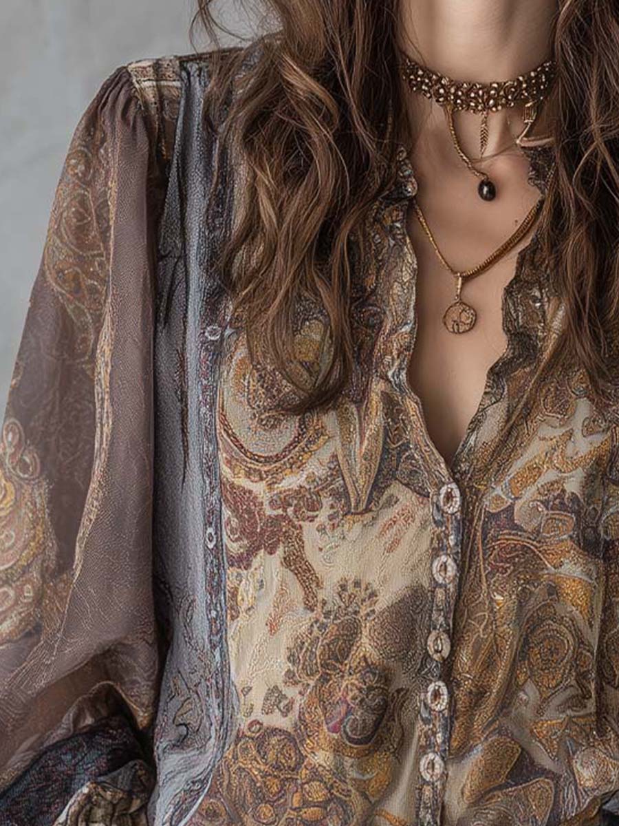 Vintage Paisley Sheer Blouse With Lace Cuff Detailing - Fashionpara