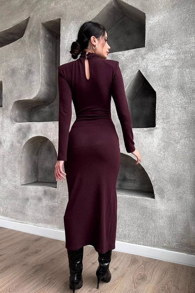 High Neck Ruched Split Midi Dress
