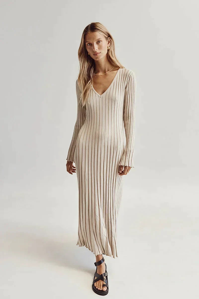 Ribbed Knit V-Neck Long Sleeve Bodycon Maxi Dress