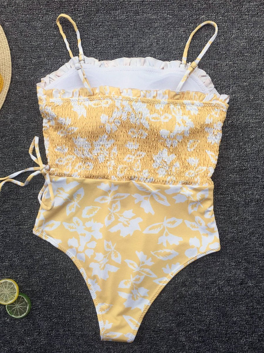Pleated Yellow Print Bikini - Fashionpara