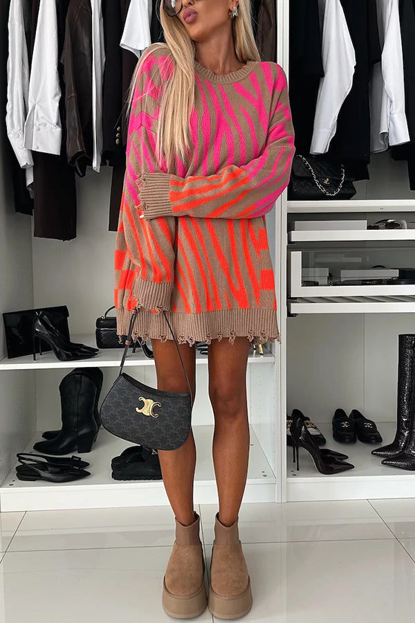 Chic Zebra Knit Sweater with Frayed Hem by Lady Rin