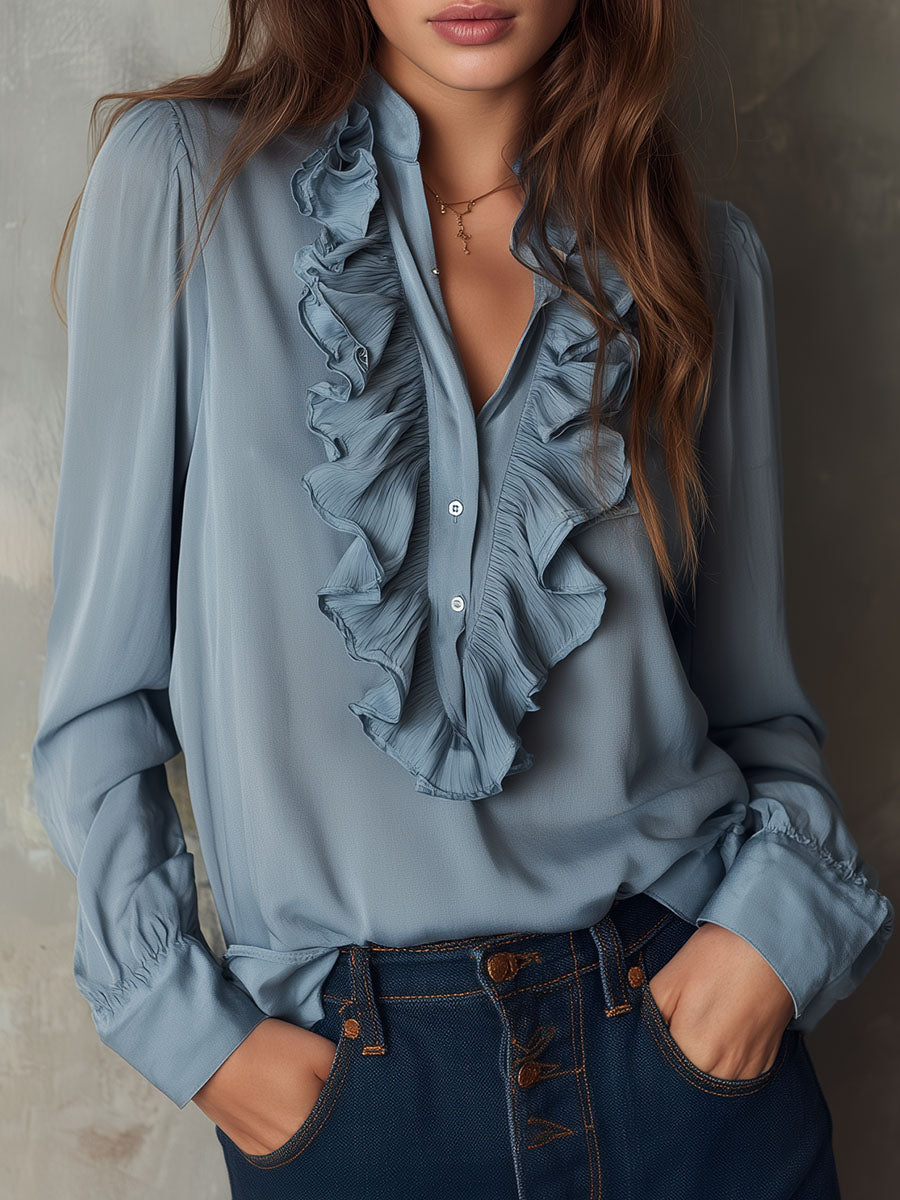 Dusty Blue Ruffle Front V-Neck Button Chiffon Blouse - Fashionpara