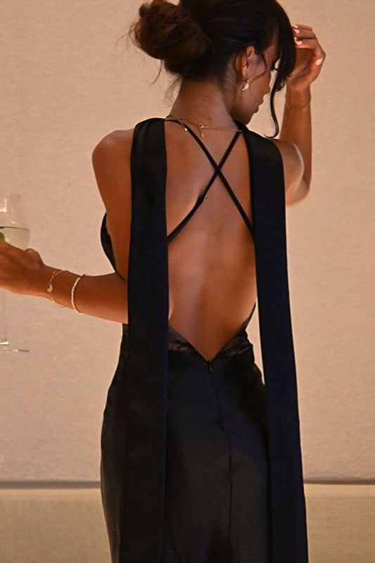 Lace Panel V-Neck Backless Cami Evening Maxi Dress