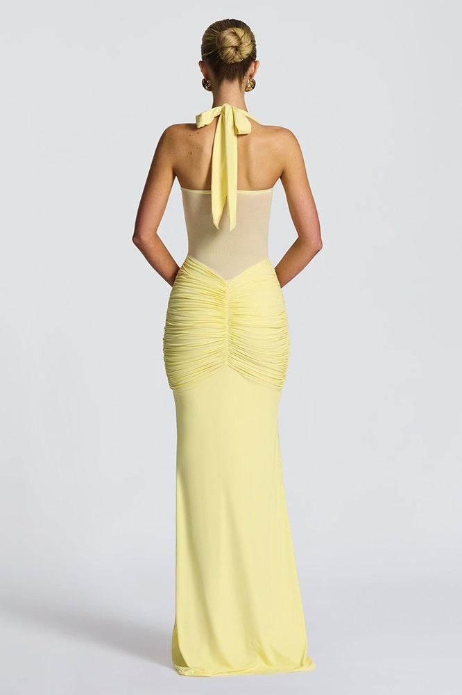 Halter Sweetheart Mesh-Cutout Ruched Mermaid Gown