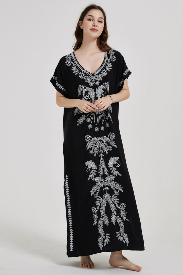 Embroidered V-Neck Short-Sleeve Kaftan Maxi Dress 32