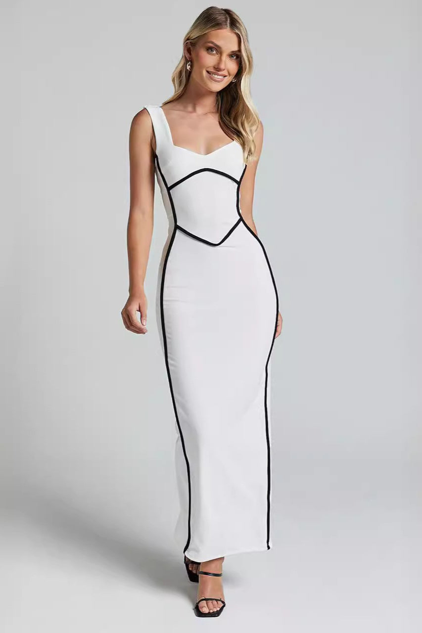 Contrast-Trim Sweetheart Sleeveless Bodycon Maxi Dress