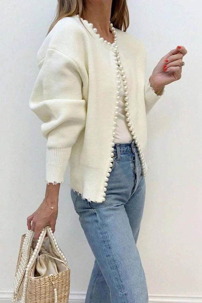 Pearl-Trimmed Heavy-Detail Knit Cardigan for Chic Elegance