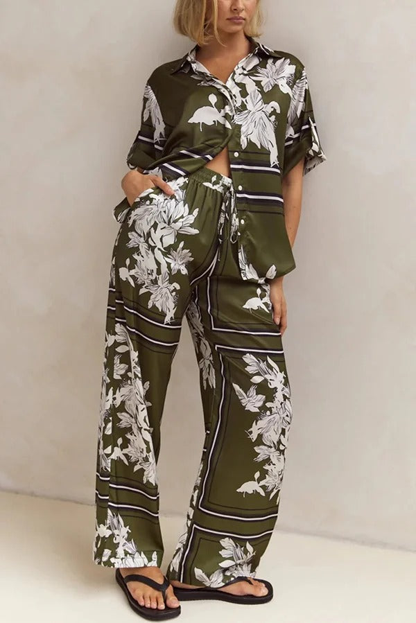 Fashionable Plant Print Loose Lapel Short Sleeve Shirt and Casual Elastic Waist Pocket Pants Set - Fashionpara