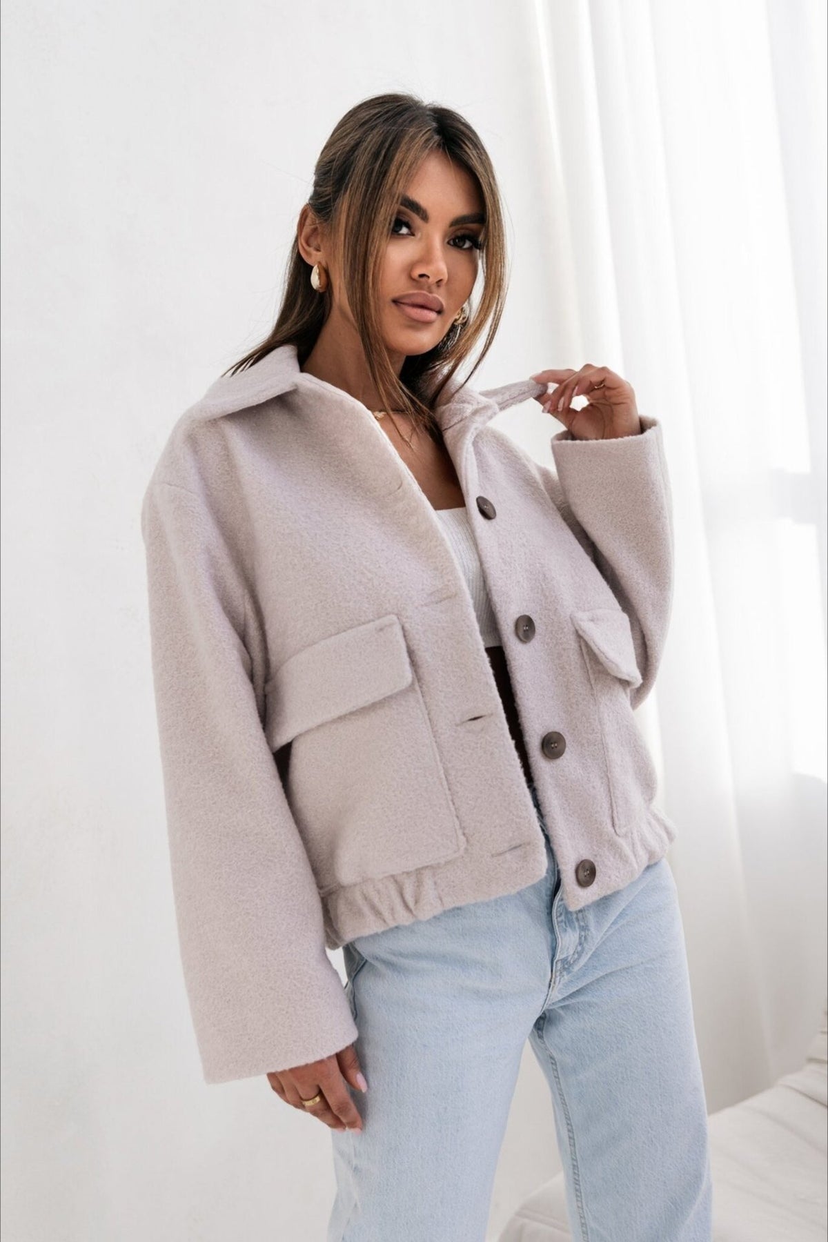 Solid Wool Pocket Elastic Snap Coat 6
