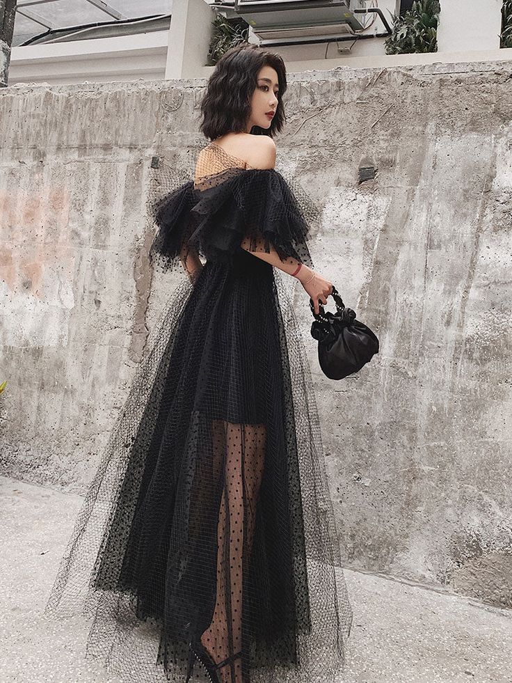Black Tulle Long Prom Dress, Formal Dress Black Graduation Dresses - Fashionpara
