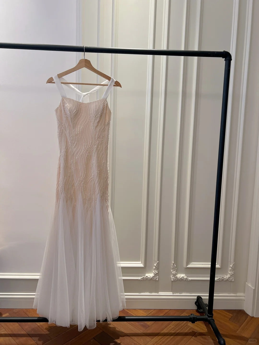 Elegant A-line Strap Pearl Tulle Long Prom Dress Evening Dress P4045