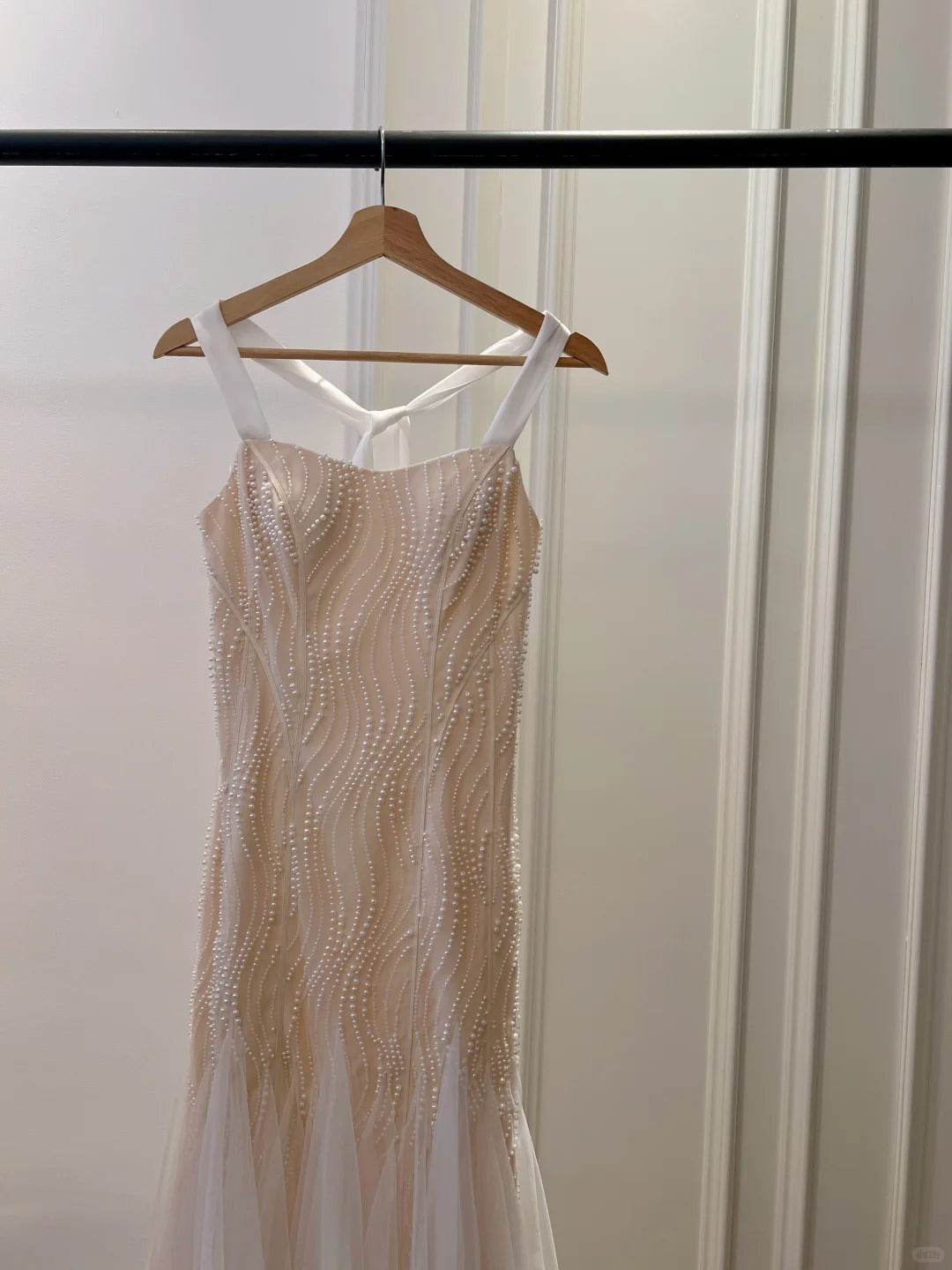 Elegant A-line Strap Pearl Tulle Long Prom Dress Evening Dress P4045