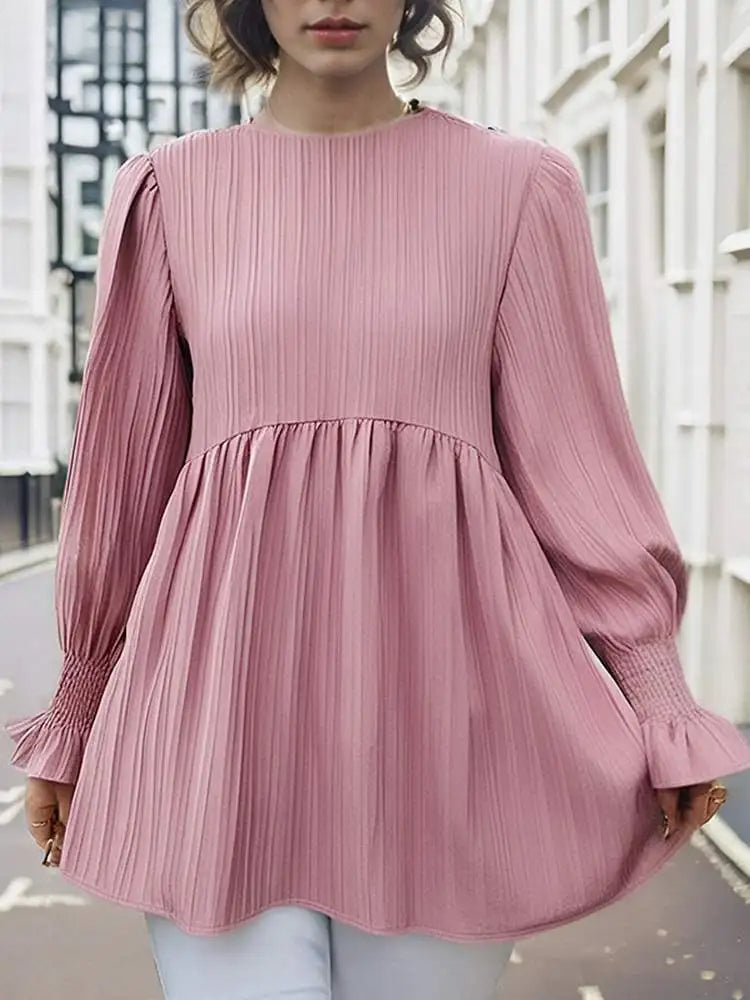 Lantern Long Sleeve Pleated Blouse Casual Blouse