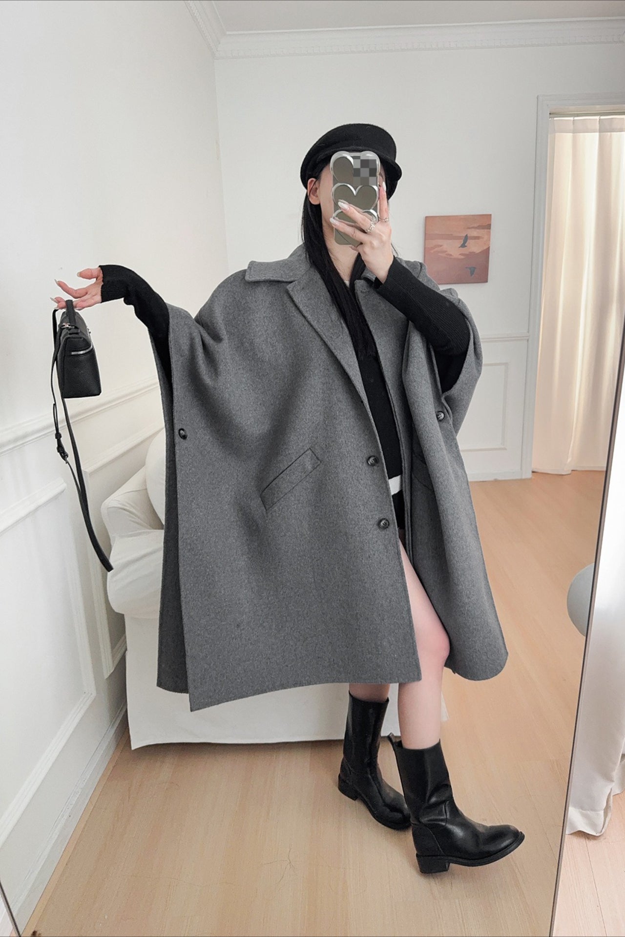 Beige Lapel Double Faced Wool Blend Cape Convertible Overcoat