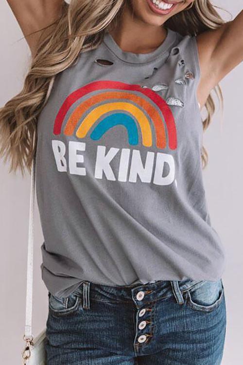 Florcoo Be Kind Rainbow Ripped Tank Top